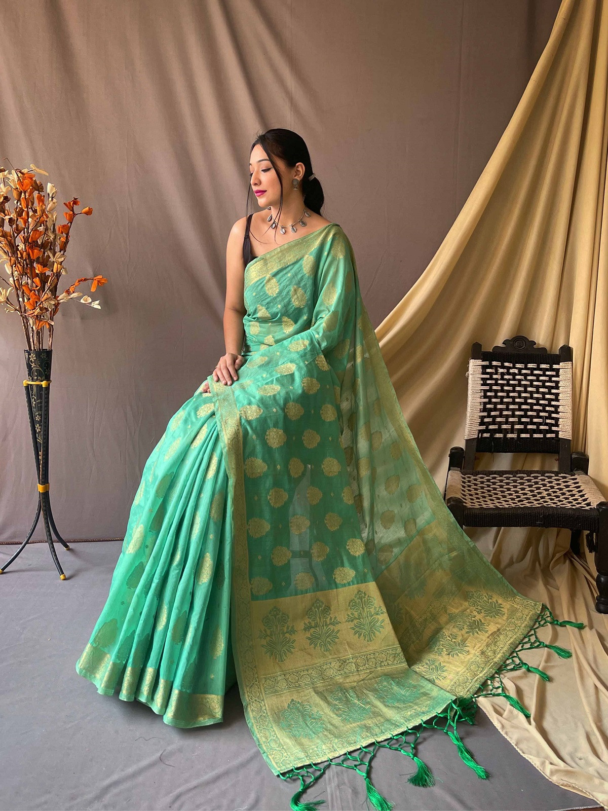 Gold zari woven Pure Cotton  saree - Aqua Green