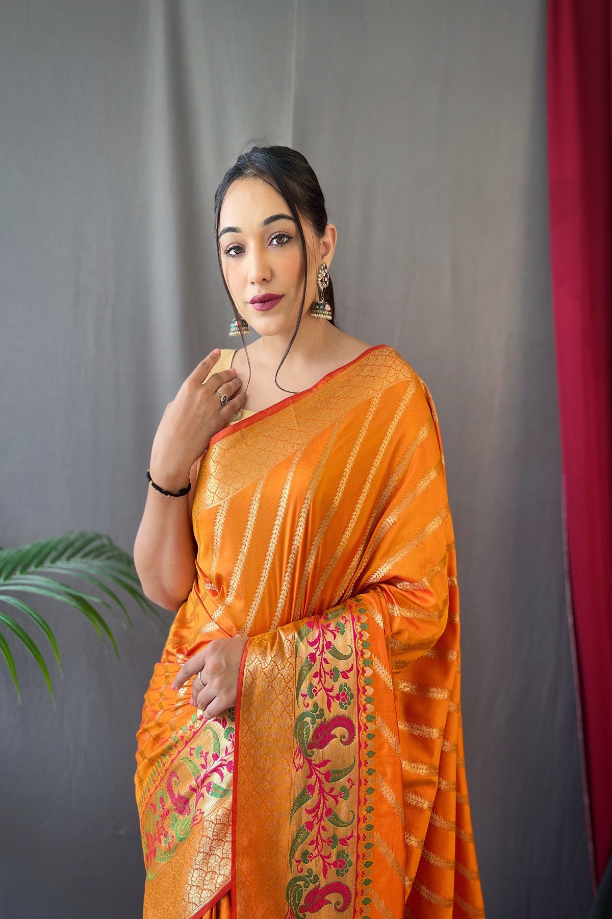 Gold zari lehariya woven Banarasi Soft silk saree - Saffron
