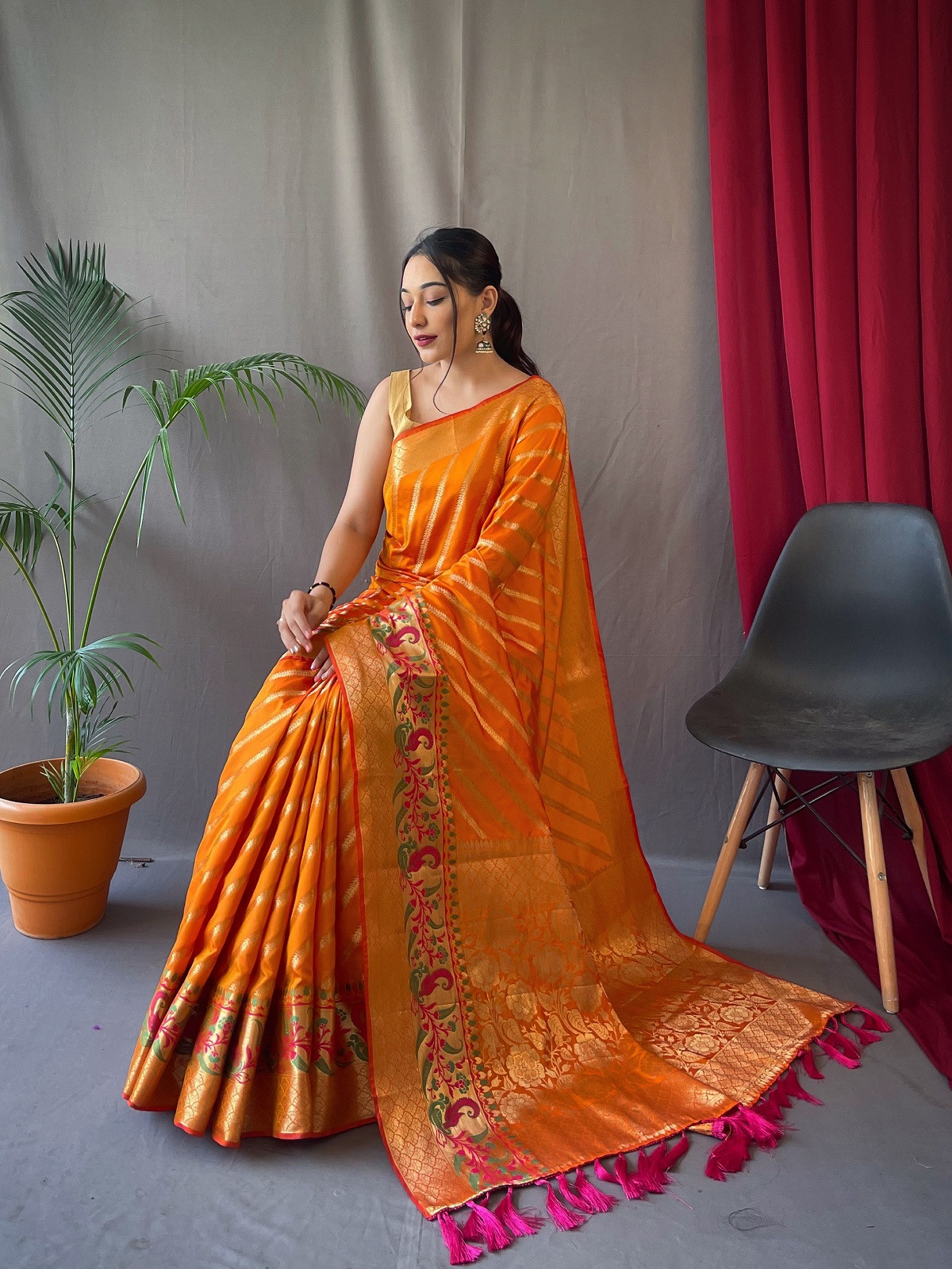 Gold zari lehariya woven Banarasi Soft silk saree - Saffron