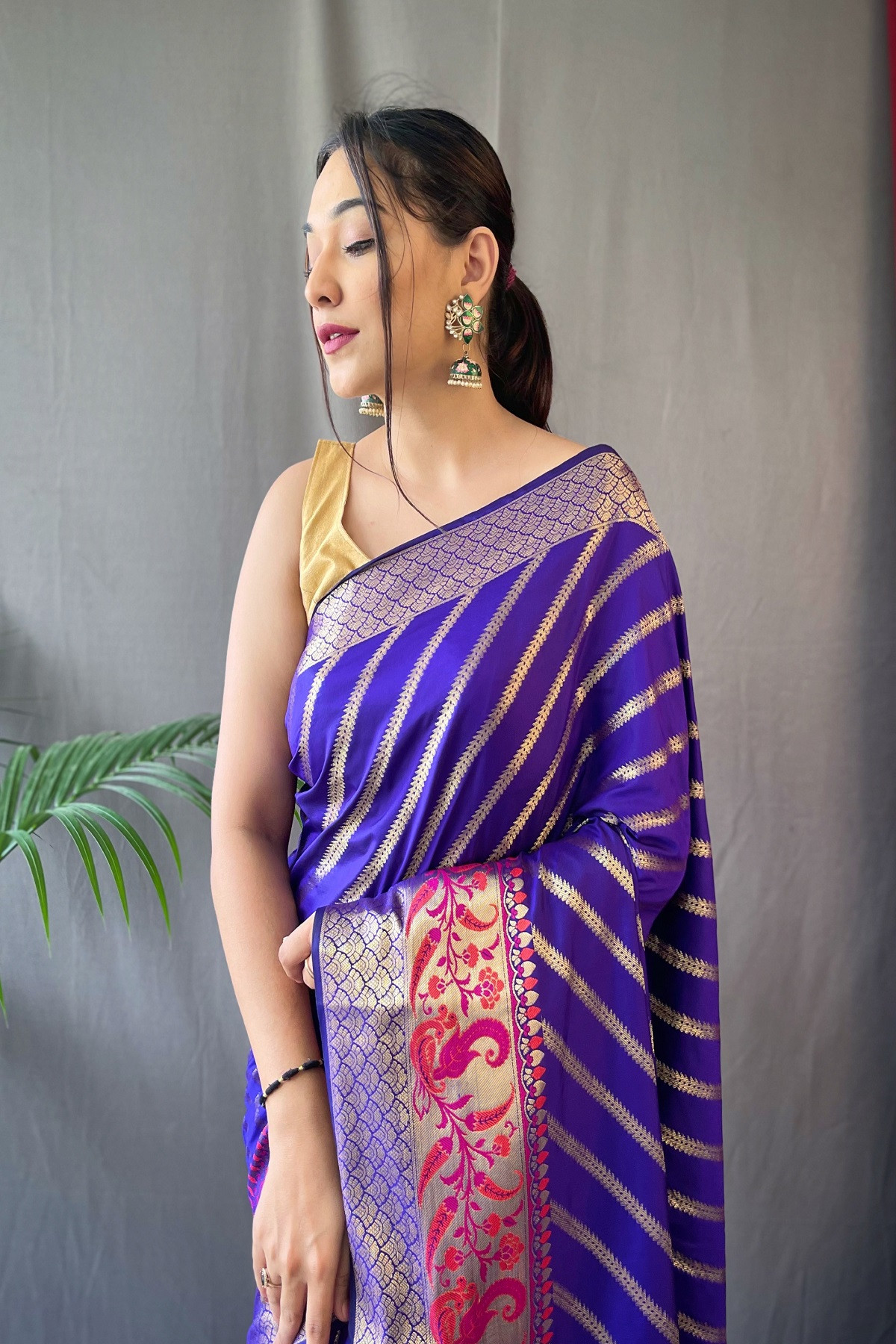 Gold zari lehariya woven Banarasi Soft silk saree - Purple