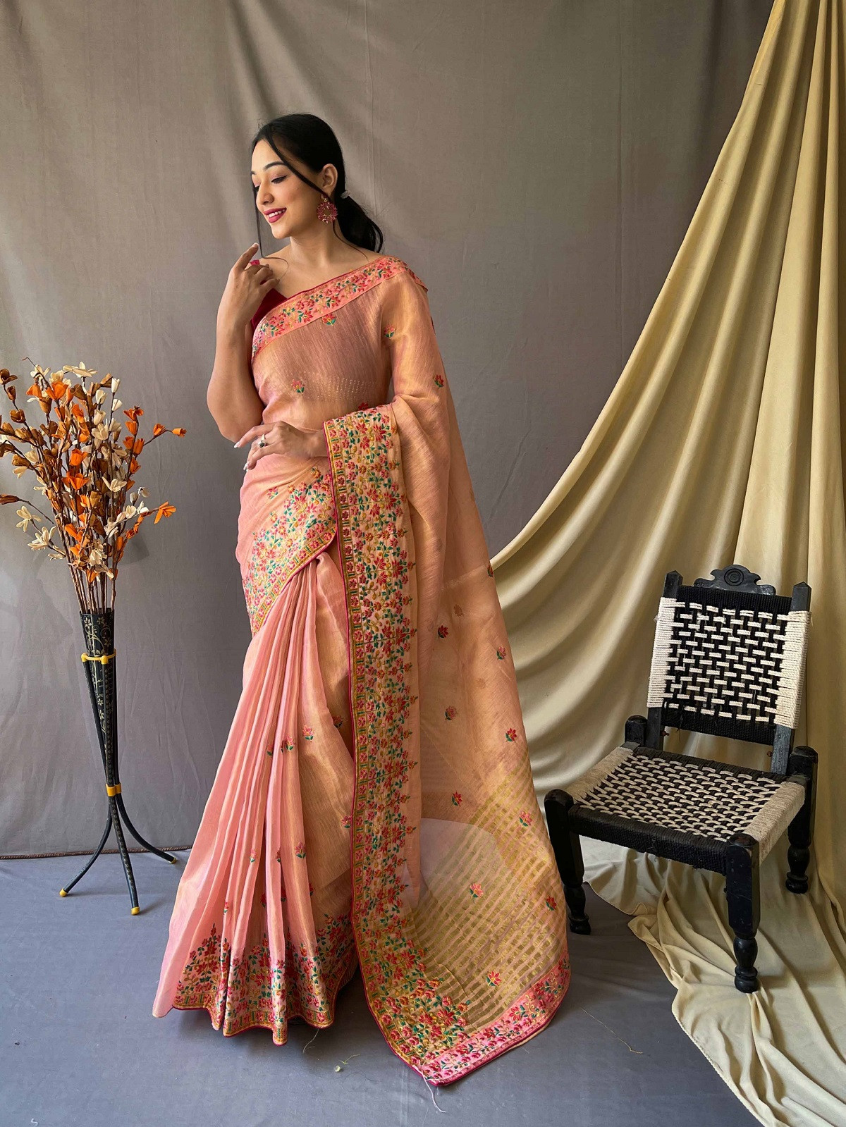 Pure Tissue Silk Saree with Kashmiri Embroidery Work - Peach