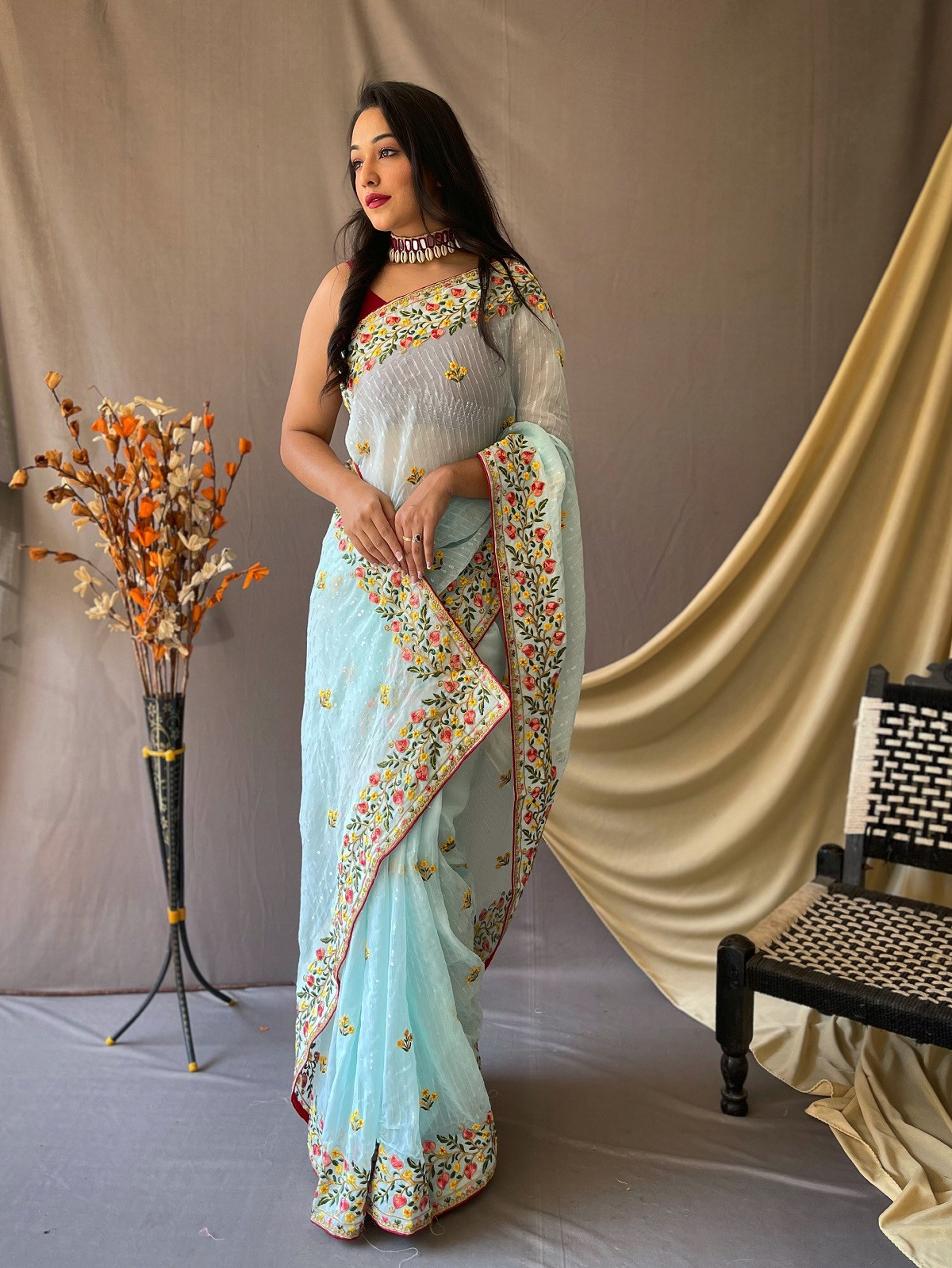 Pure Georgette Sequence and embroidery  worked saree - Blue