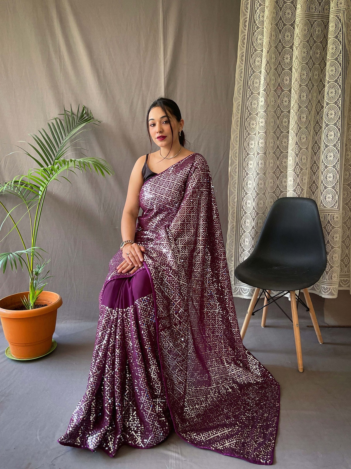 Pure Georgette designer Sequence embroidery  saree - Purple