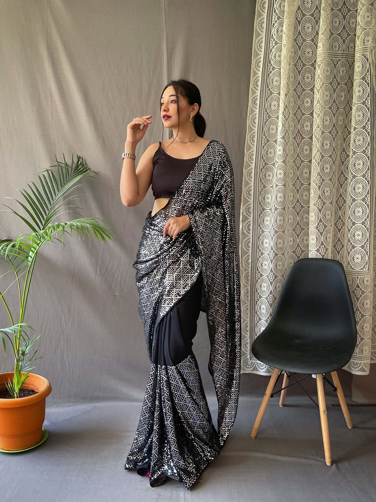 Pure Georgette designer Sequence embroidery  saree - Black