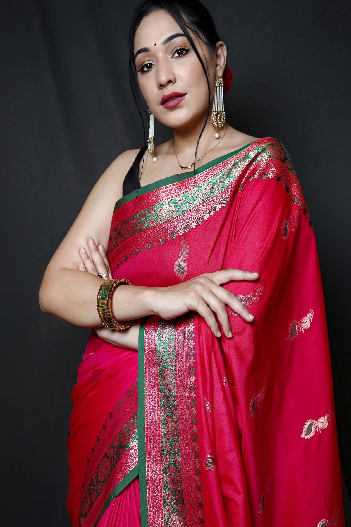 Buy online Paithani Silk Saree with zari woven contrast Border and Pallu -  Pink-AF949