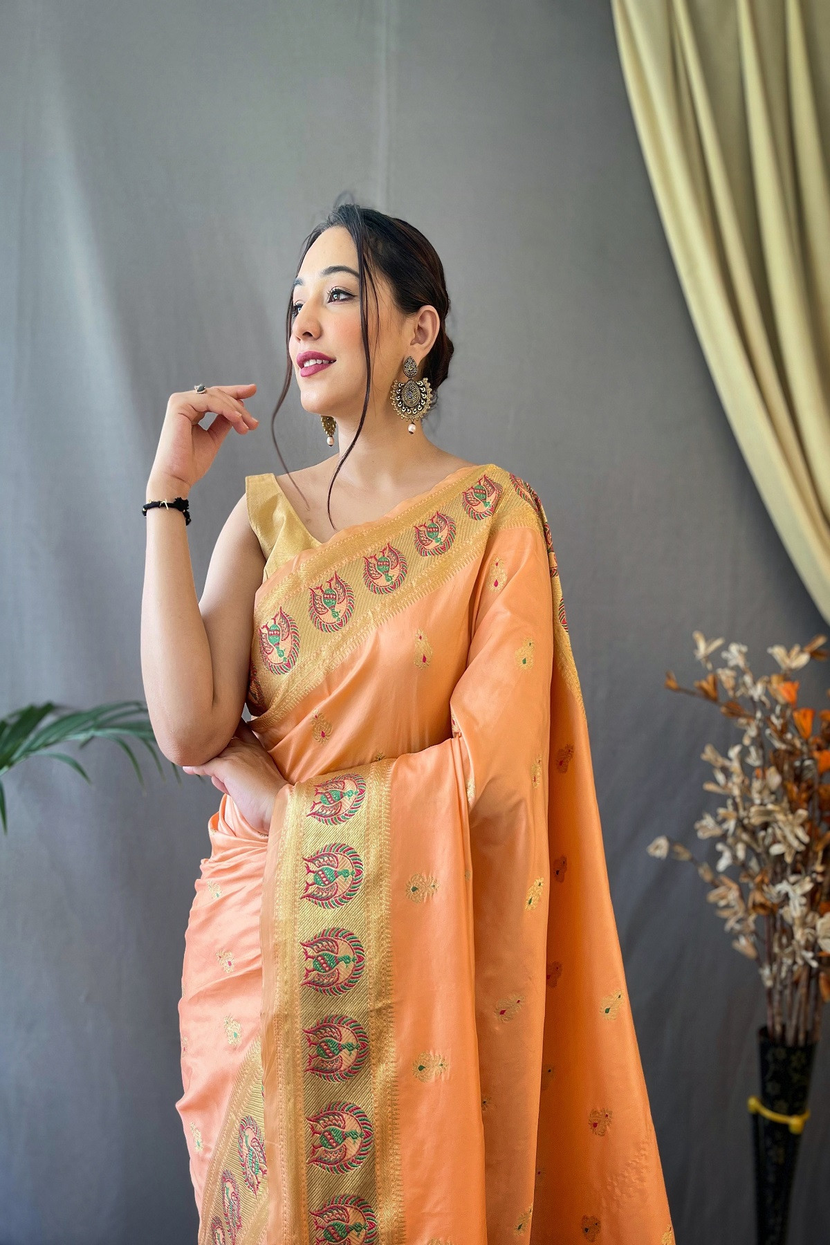 Paithani Silk saree with Meenakari woven Border & Pallu - Orange