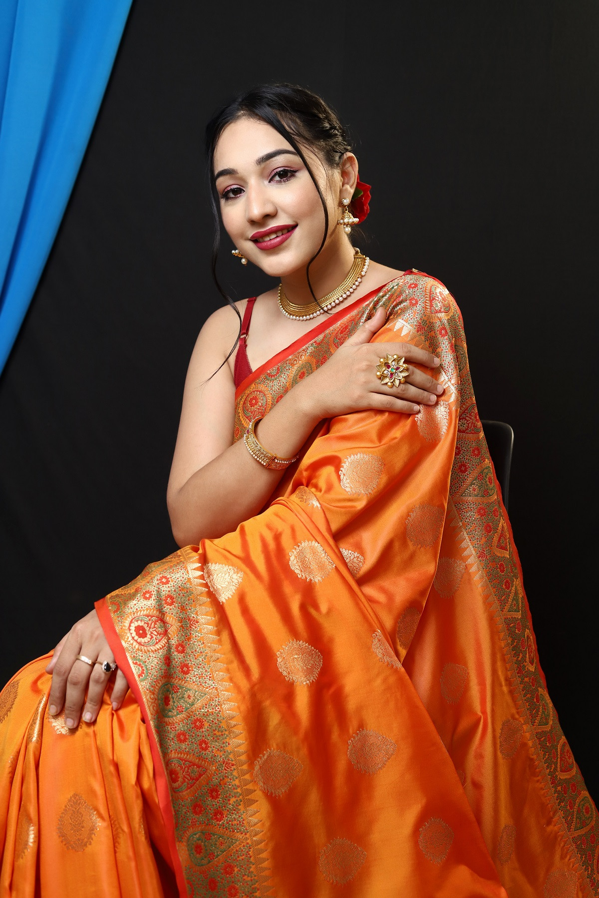 Dola Silk saree with Meenakari woven Border & Pallu - Orange