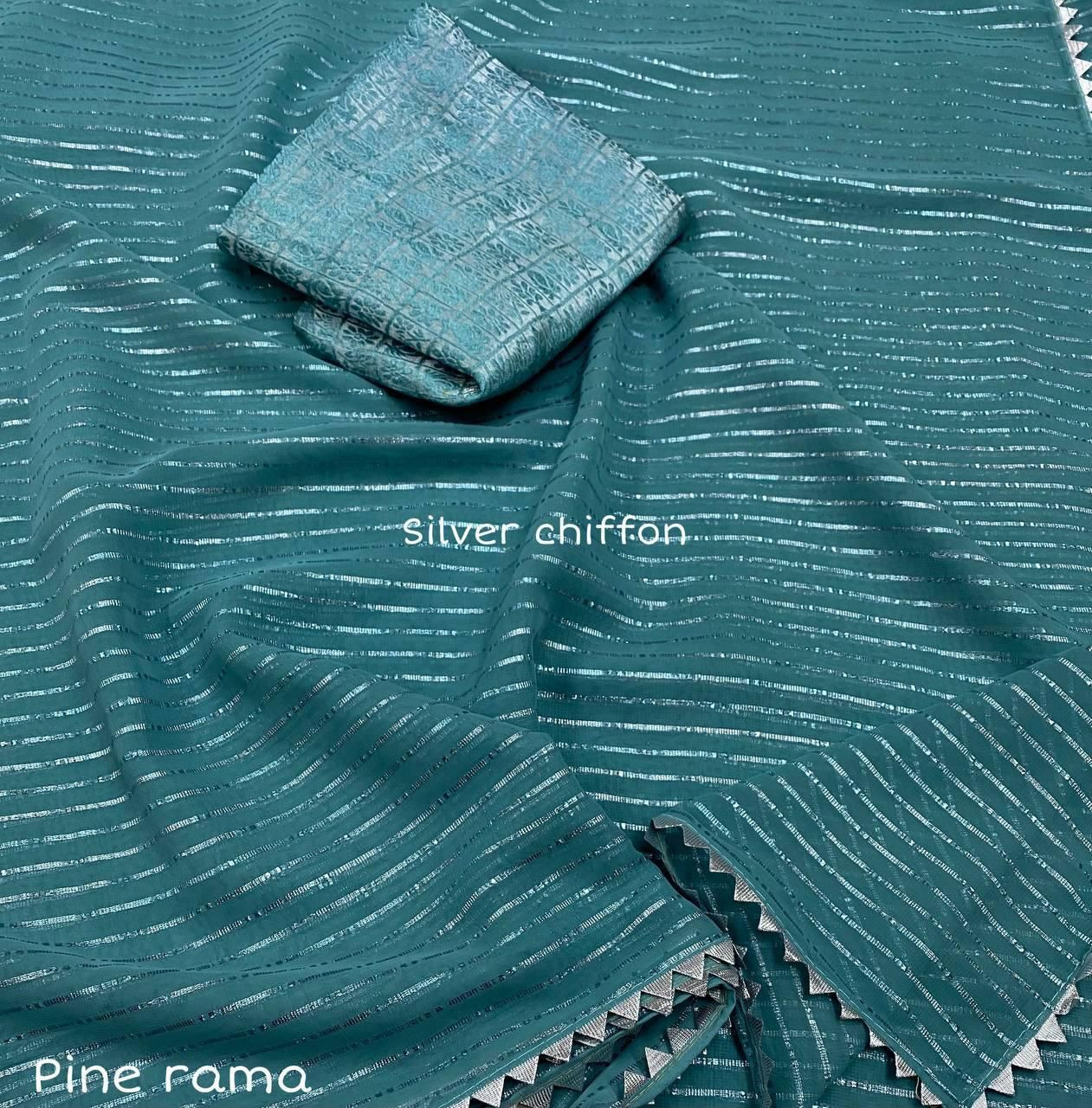 Soft Chiffon Saree with silver zari weaving & Temple Border - Blue
