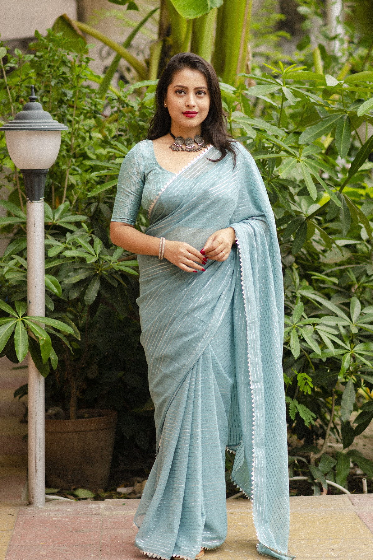 Soft Chiffon Saree with silver zari weaving & Temple Border - Blue