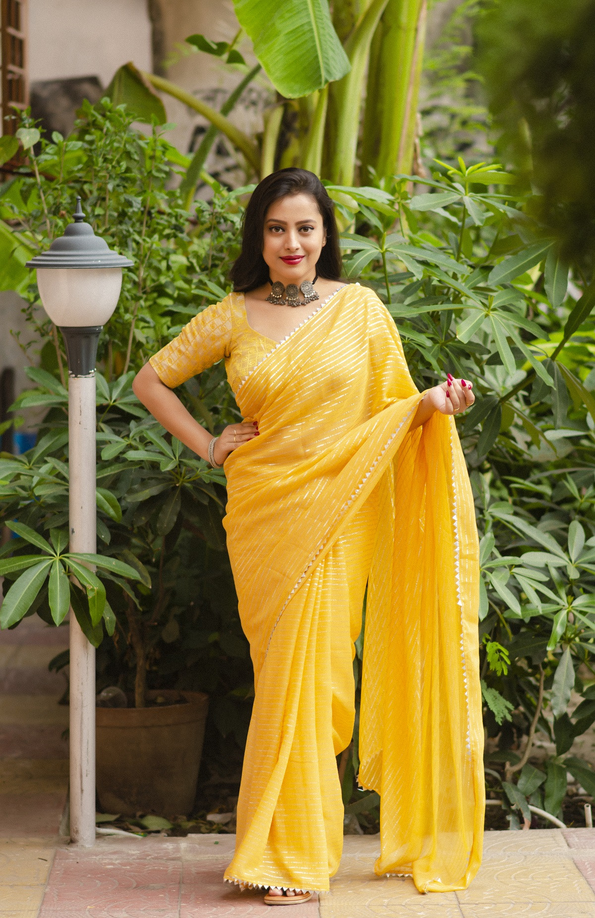 Soft Chiffon Saree with silver zari weaving & Temple Border - Yellow