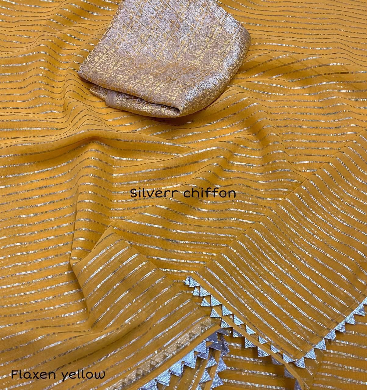 Soft Chiffon Saree with silver zari weaving & Temple Border - Yellow