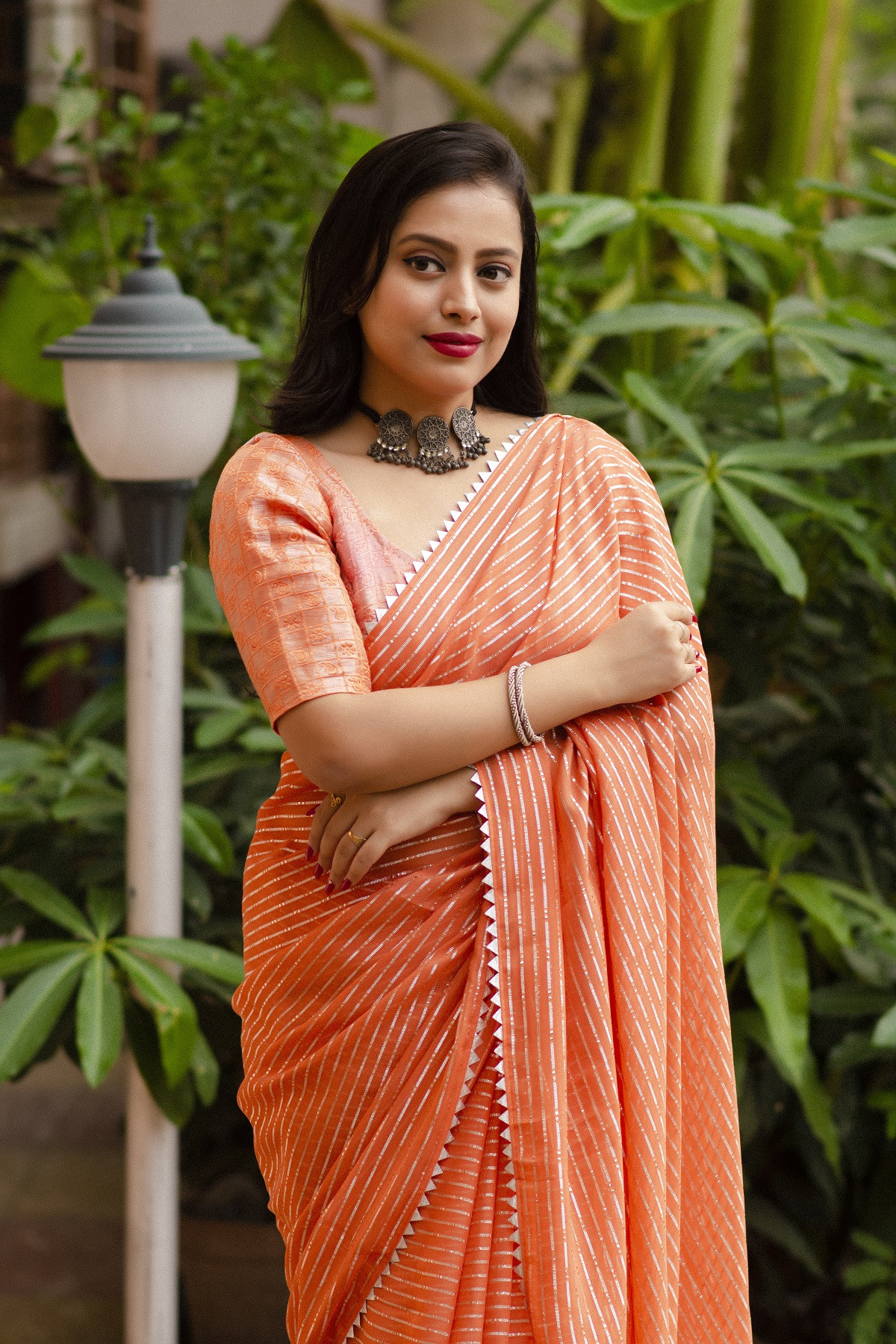 Soft Chiffon Saree with silver zari weaving & Temple Border - Orange