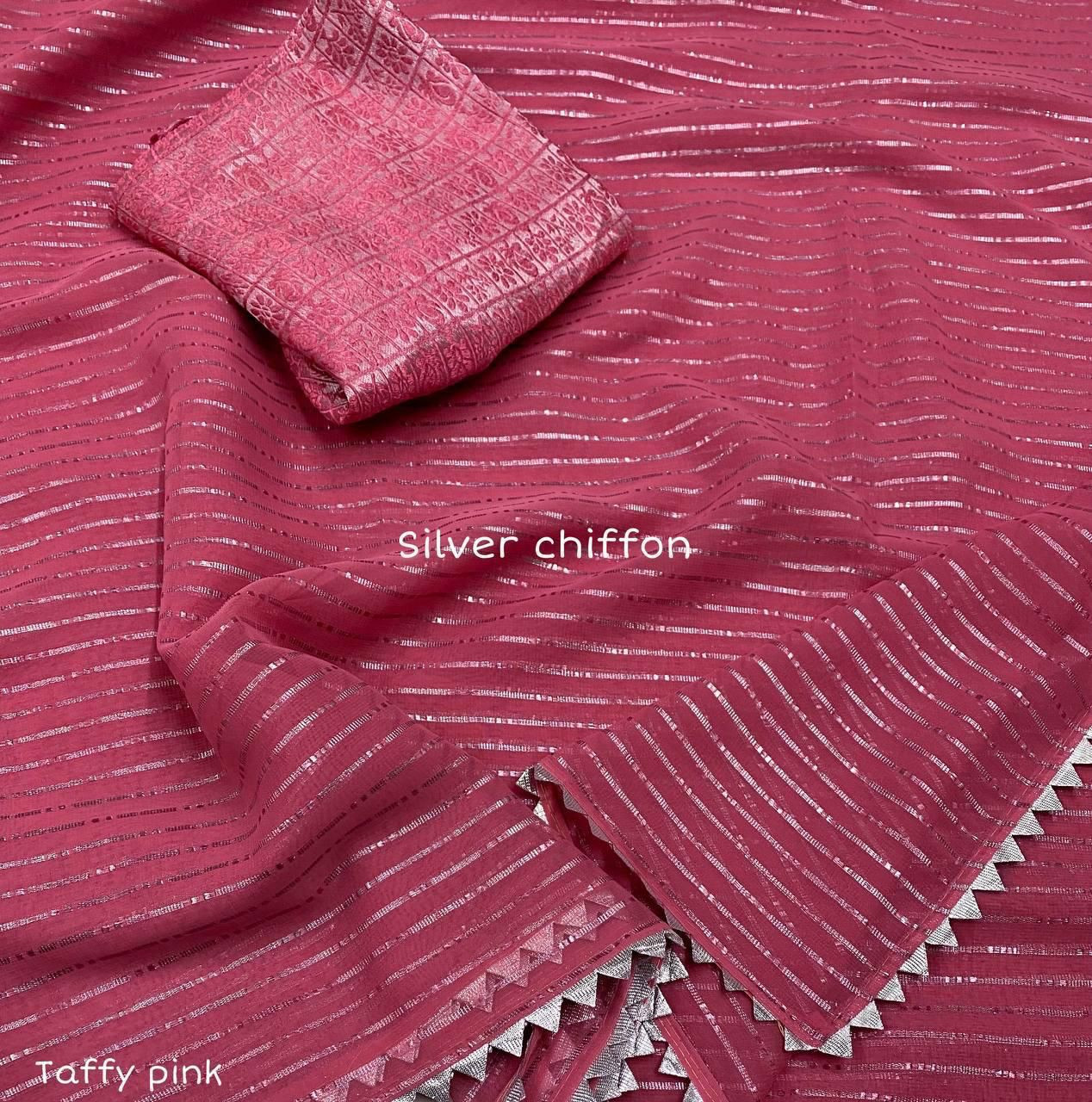 Soft Chiffon Saree with silver zari weaving & Temple Border - Pink