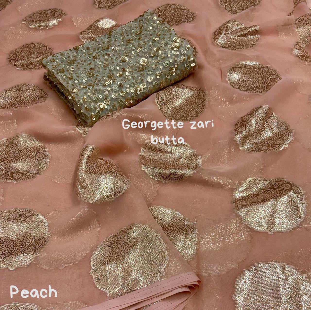 Pure Georgette Saree with gold zari weaving motifs - Peach