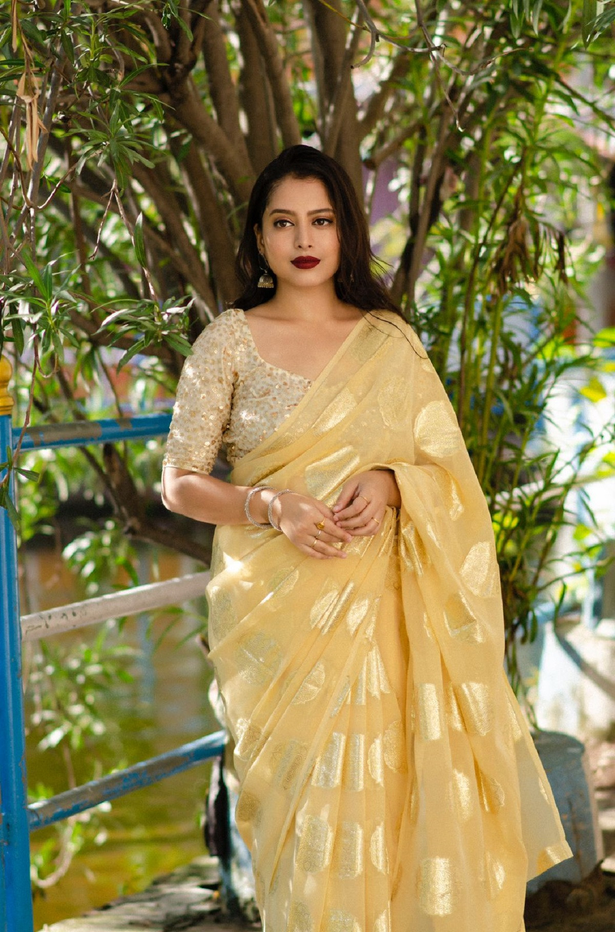 Pure Georgette Saree with gold zari weaving motifs - Yellow