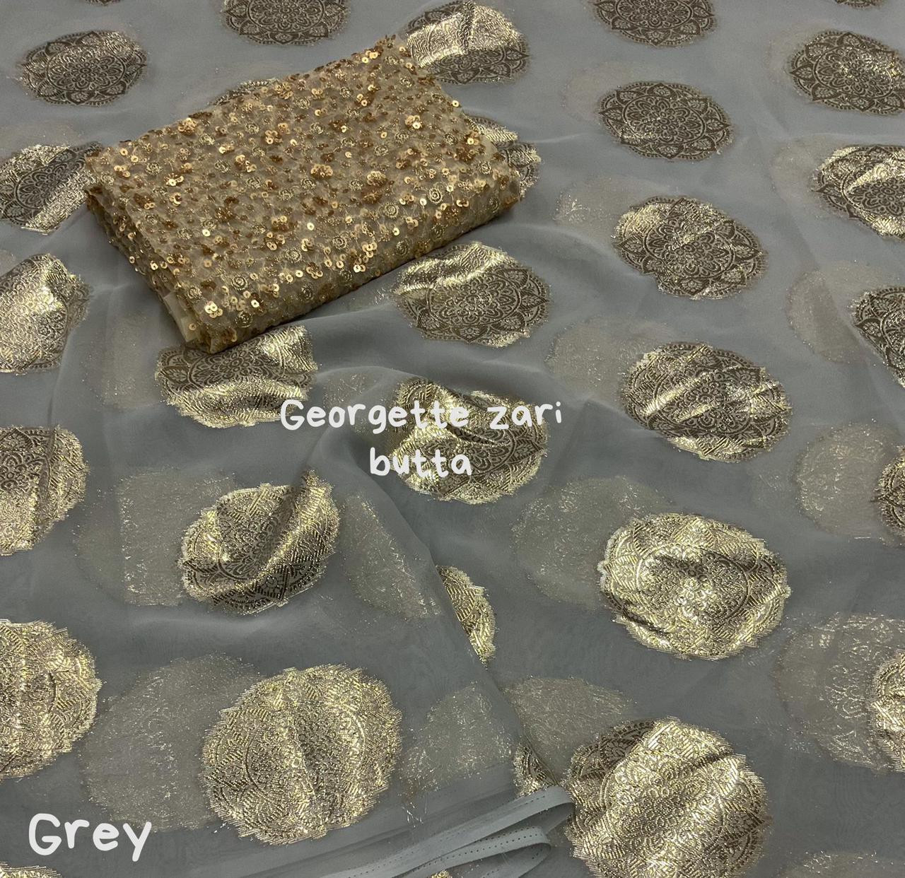 Pure Georgette Saree with gold zari weaving motifs - Grey
