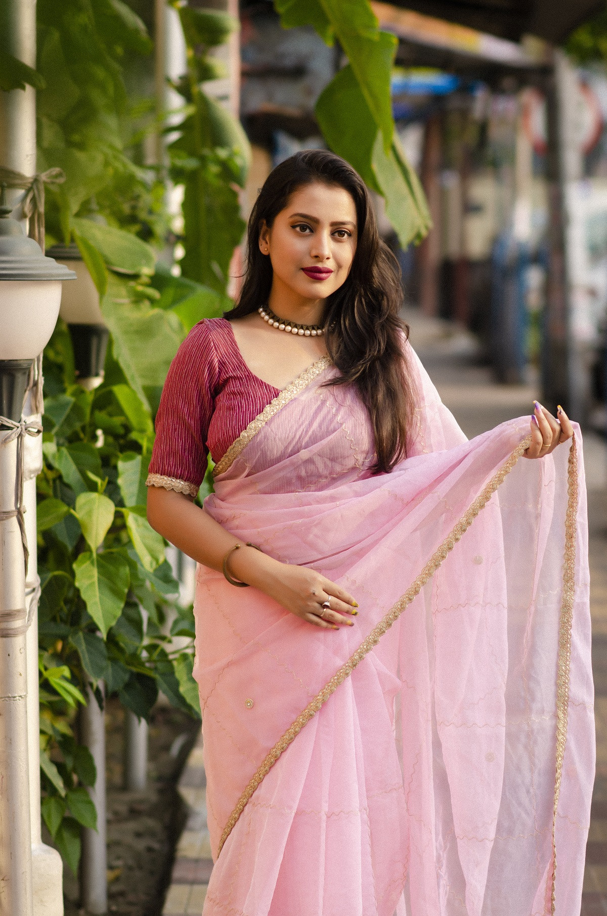 Pure Organza saree with zari chex embroidery work - Pink