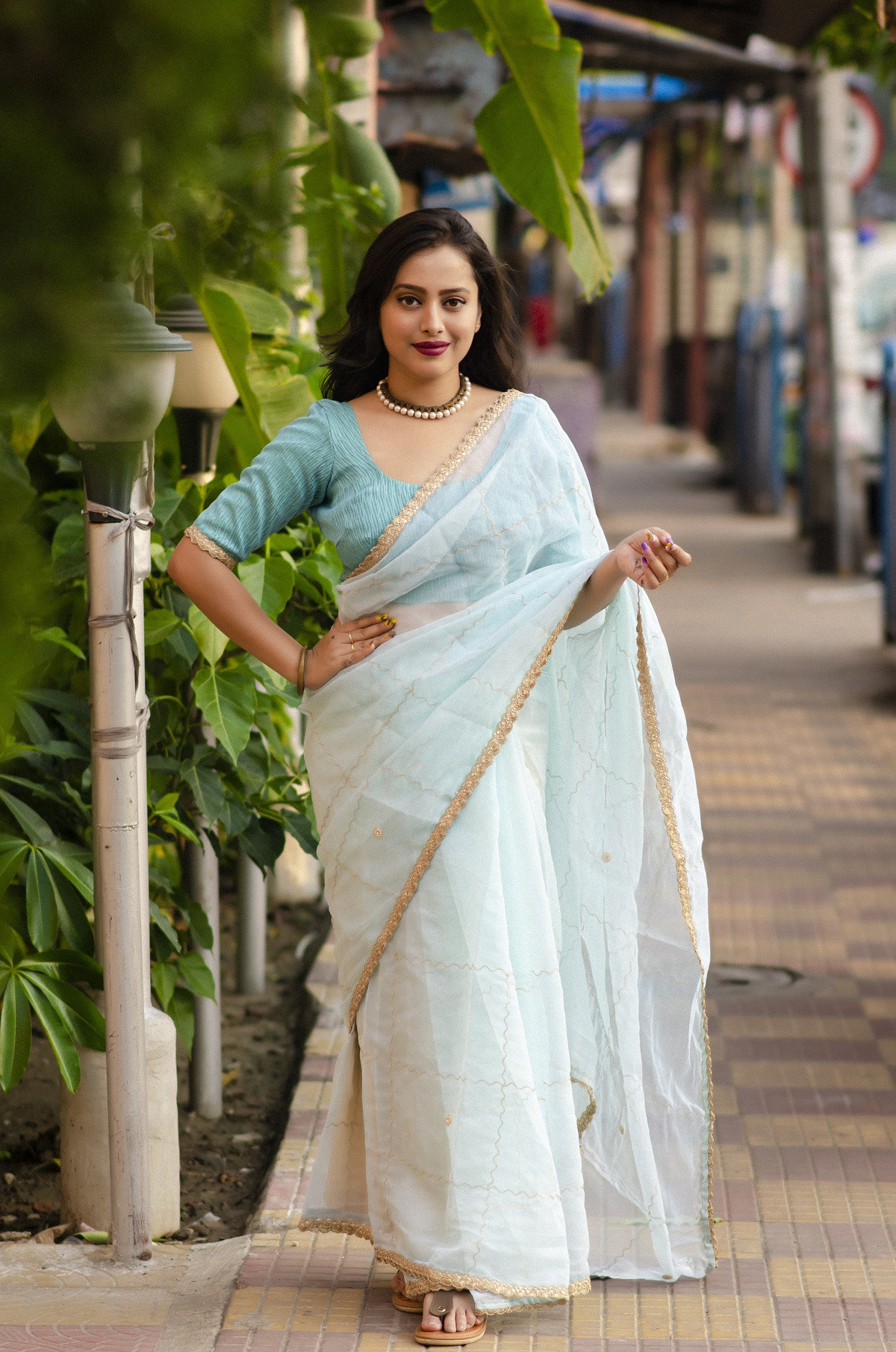 Pure Organza saree with zari chex embroidery work -   Sky Blue