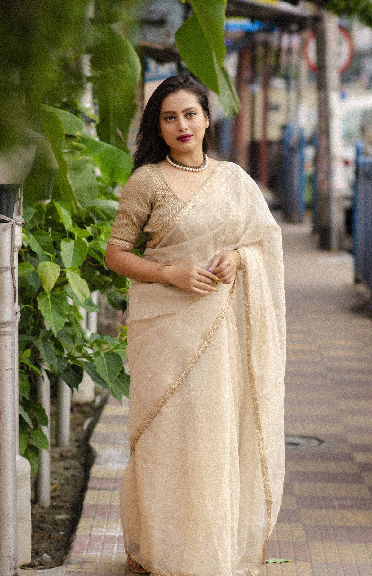Pure Organza saree with zari chex embroidery work -   Brown