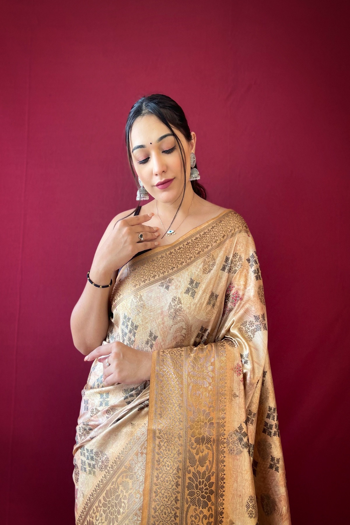 Floral printed Zari woven Banarasi Silk Saree - Light Brown