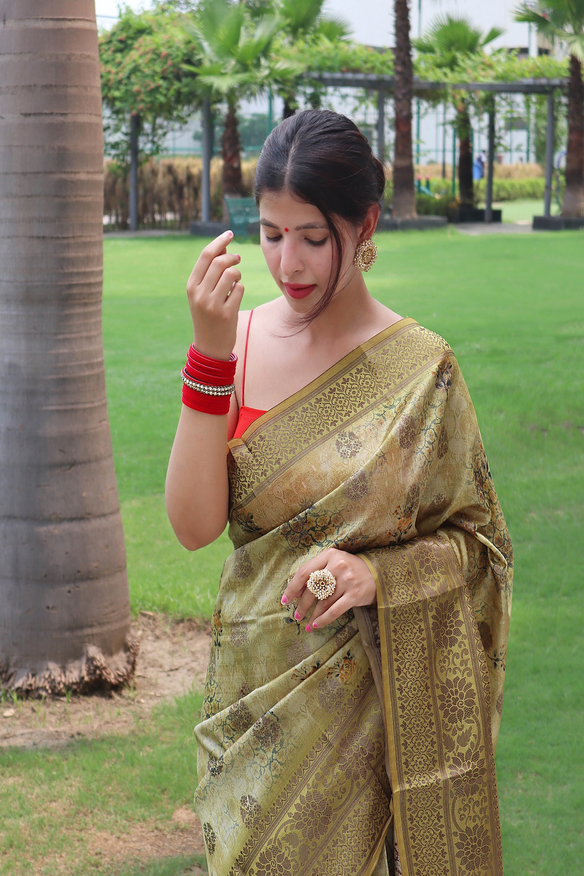 Floral printed Zari woven Banarasi Silk Saree - Beige Green