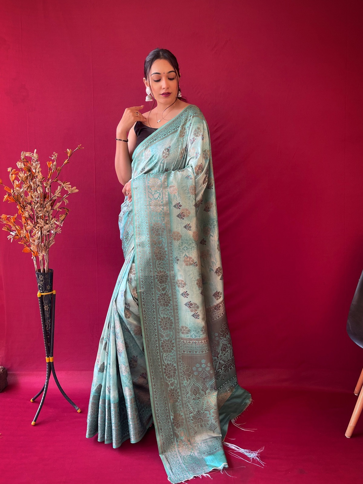 Floral printed Zari woven Banarasi Silk Saree - Aqua Blue