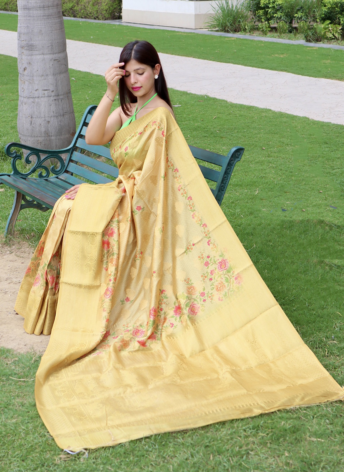 Floral printed Zari woven Banarasi Silk Saree - Yellow