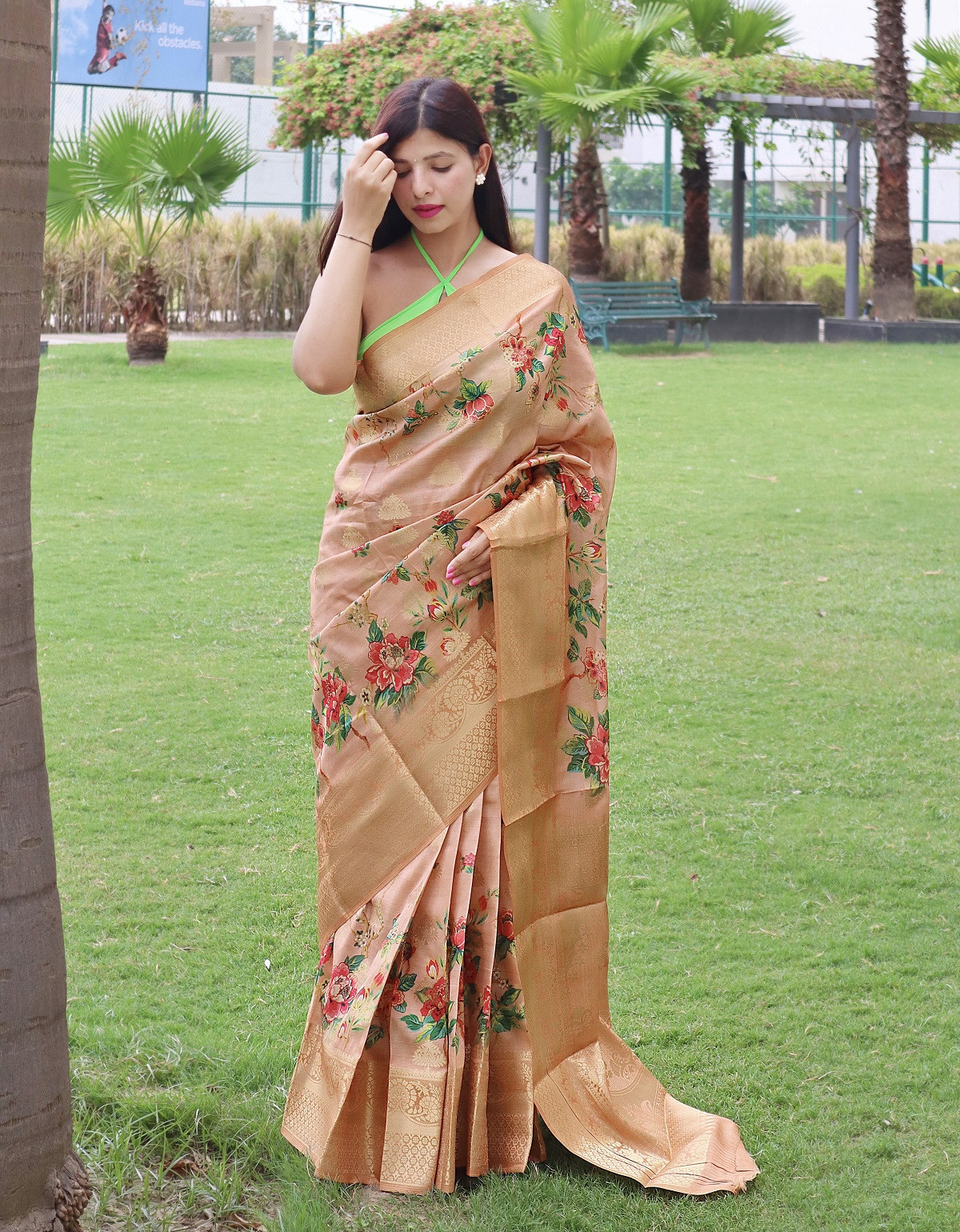 Floral printed Zari woven Banarasi Silk Saree - Peach