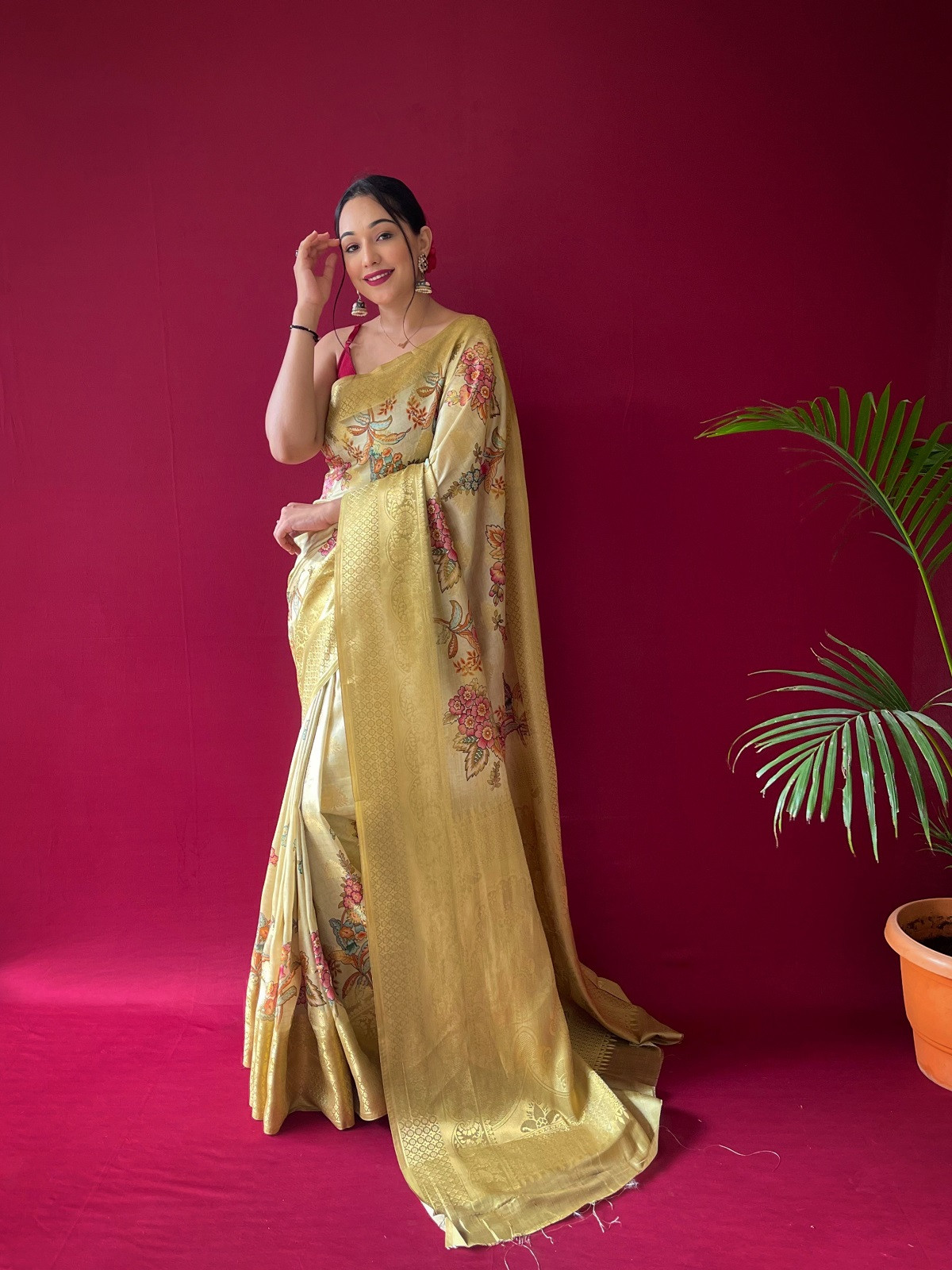 Floral printed Zari woven Banarasi Silk Saree - Thistle Green