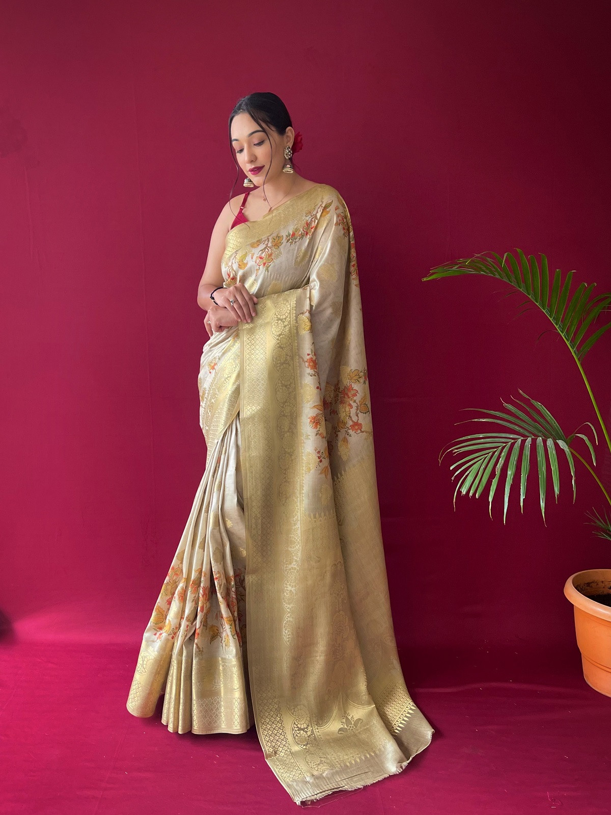 Floral printed Zari woven Banarasi Silk Saree - Mist Green