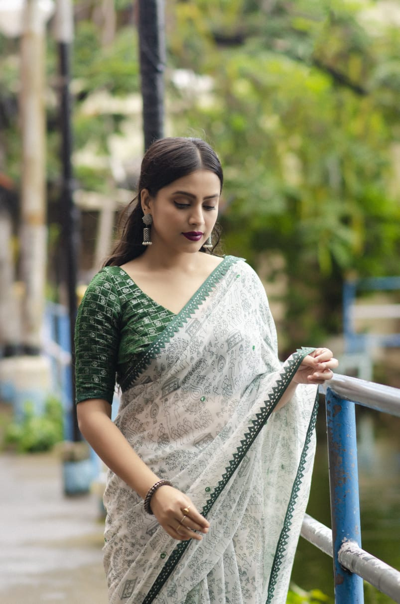 Pure Soft georgette Printed saree with mirror Work - Green