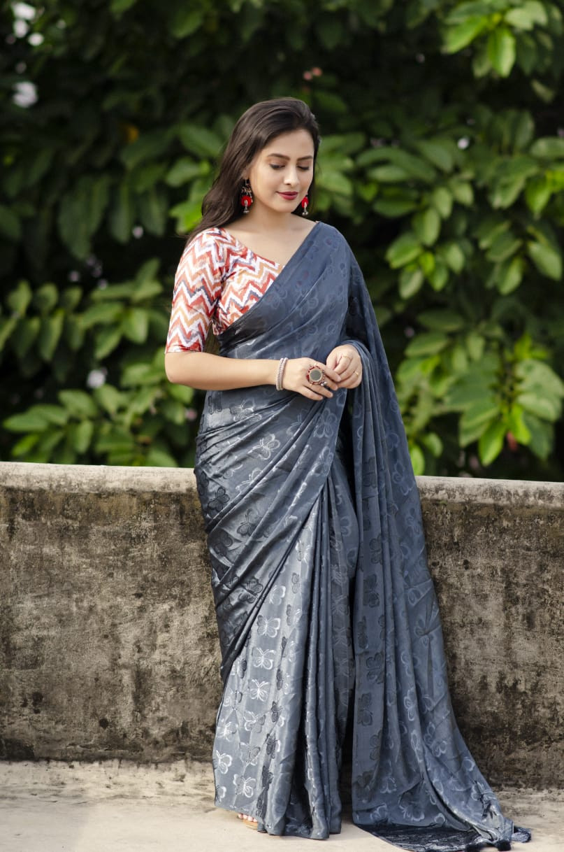 Plain soft silk woven Saree -Stone Grey