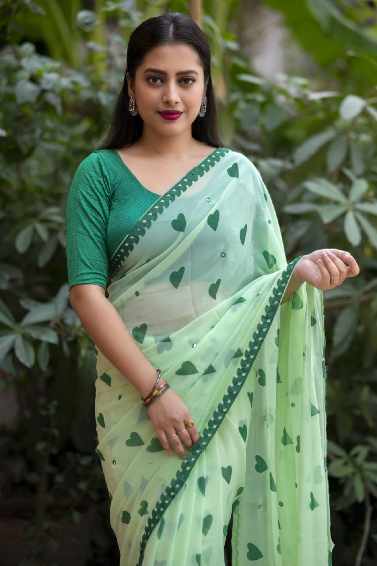 Pure Soft georgette Printed saree with mirror Work - Light Green