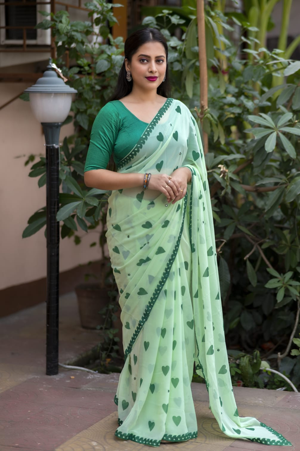 Pure Soft georgette Printed saree with mirror Work - Light Green