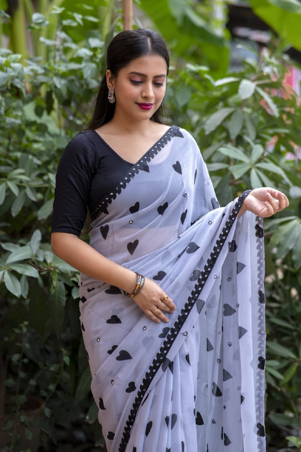 Pure Soft georgette Printed saree with mirror Work - Grey