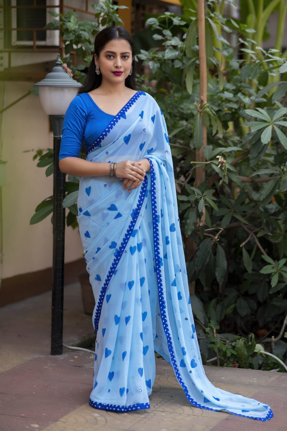 Pure Soft georgette Printed saree with mirror Work - Sky Blue