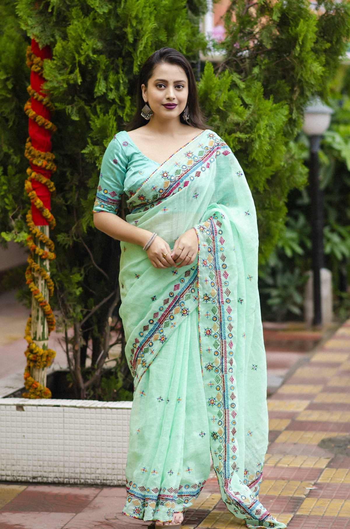 Pure Linen Designer Saree with Embroidery & Mirror work - Aqua Blue