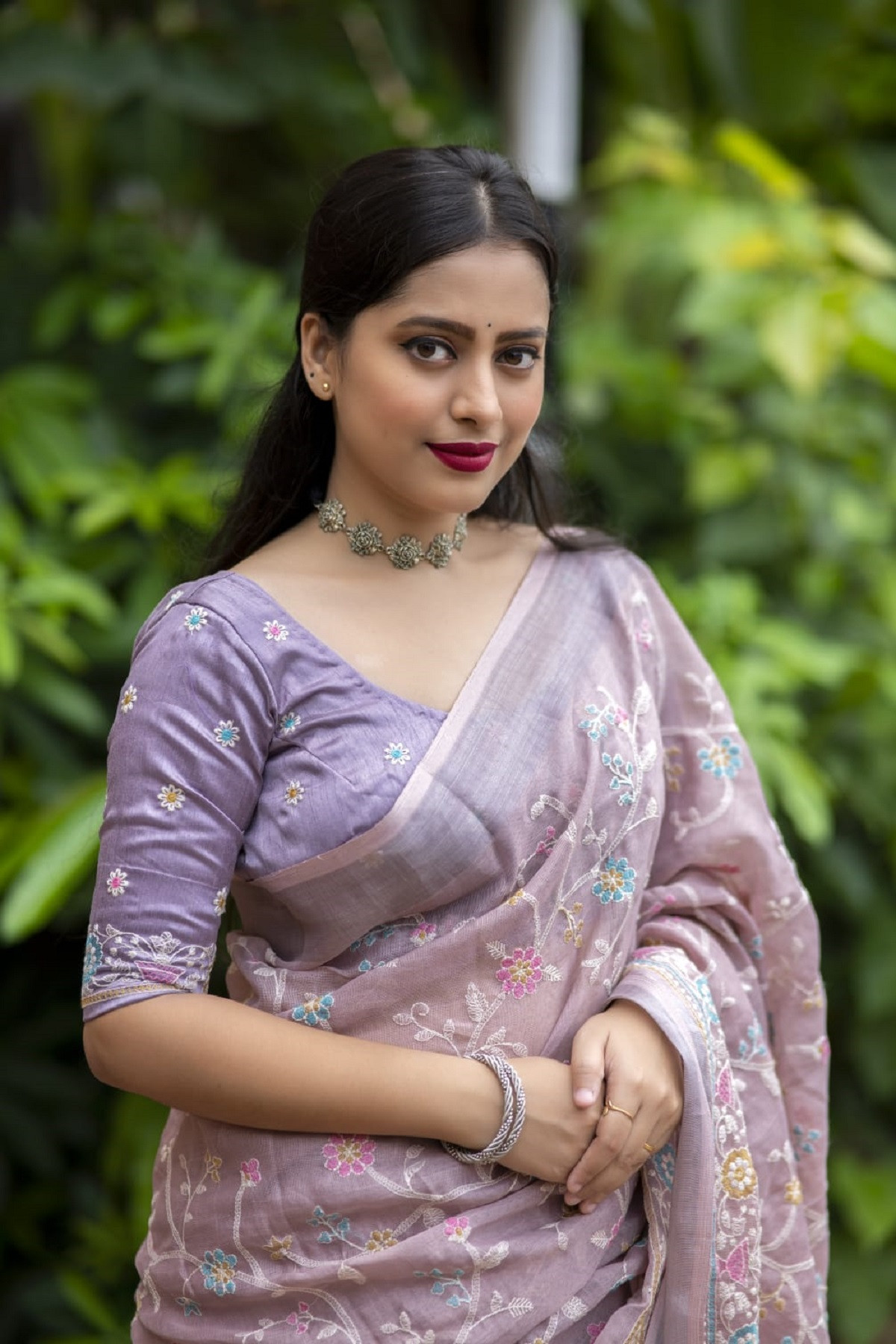 Pure Linen Designer Saree with Embroidery work & Rich Pallu - Purple