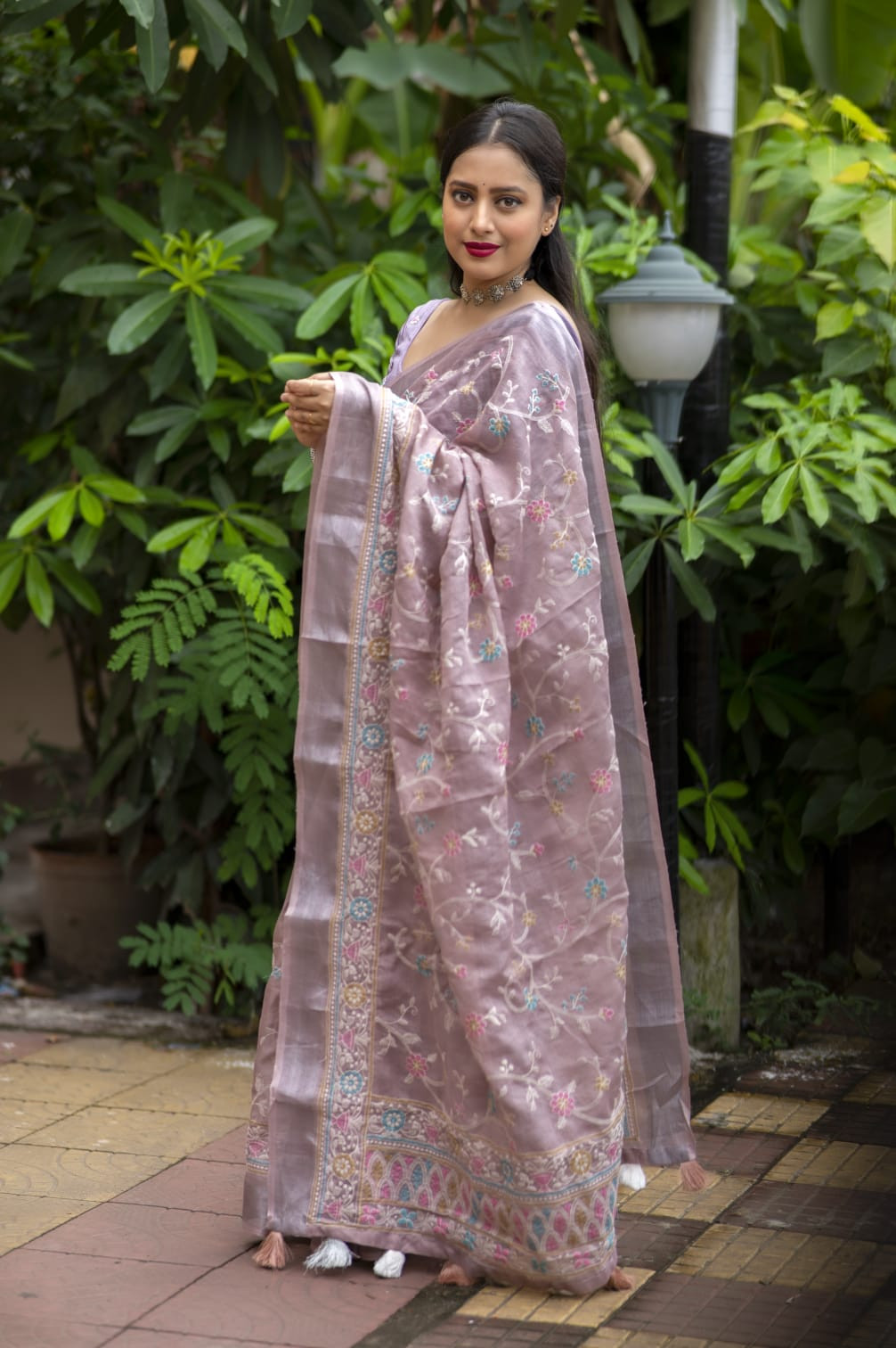 Pure Linen Designer Saree with Embroidery work & Rich Pallu - Purple