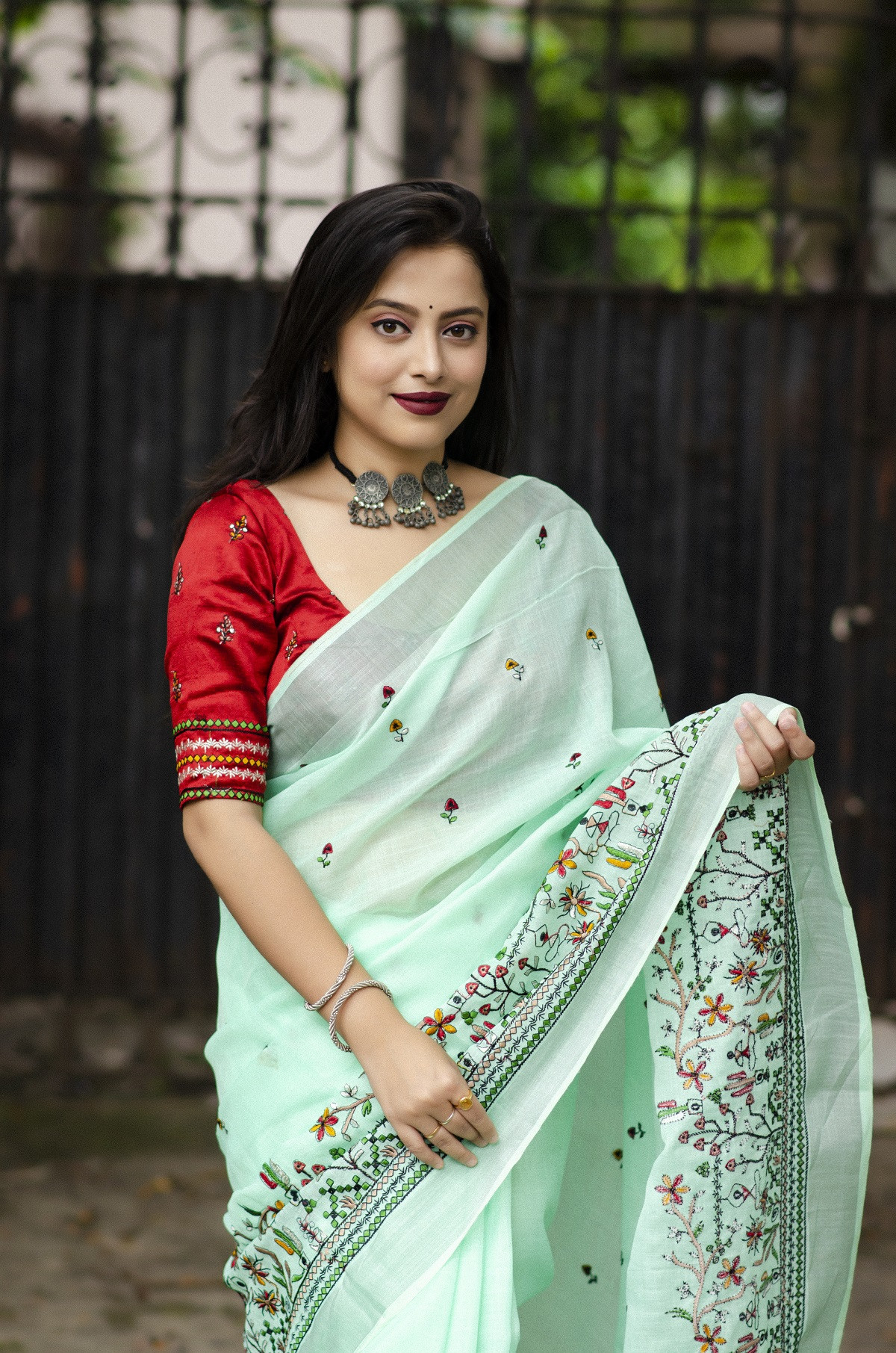 Pure Linen Silk Saree with Embroidery work - Ocean Blue