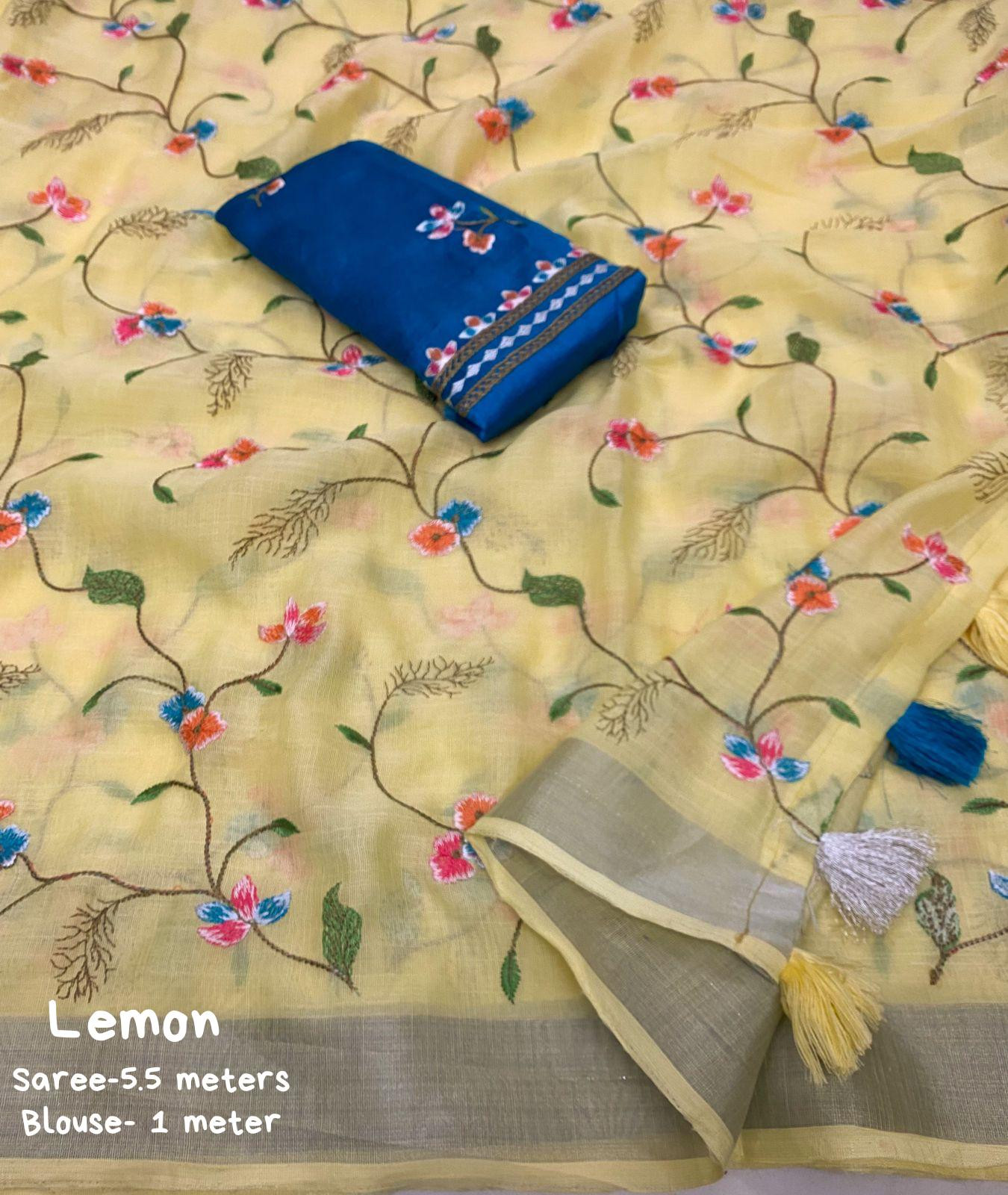 Pure Linen Silk Saree with Embroidery work - Yellow