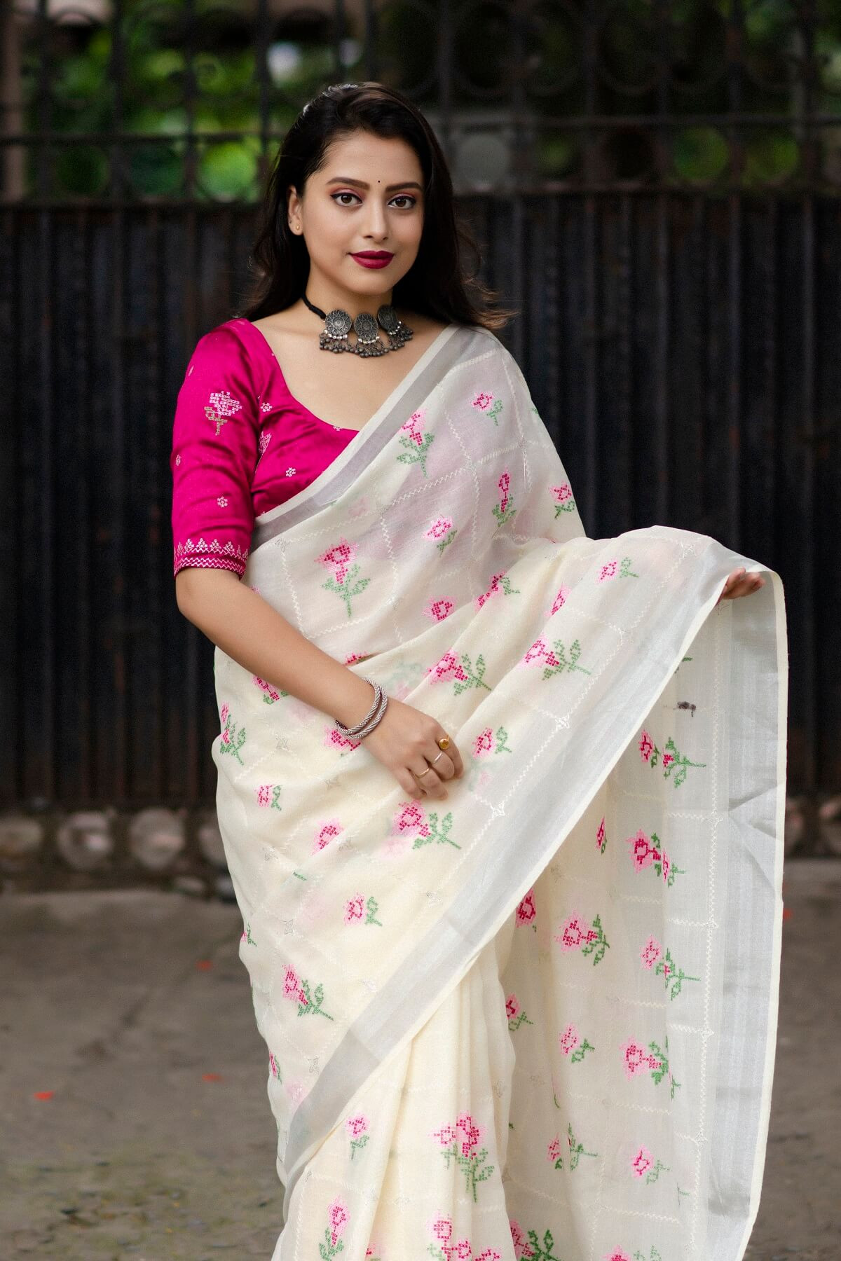Pure Linen Silk Saree with Embroidery work - White