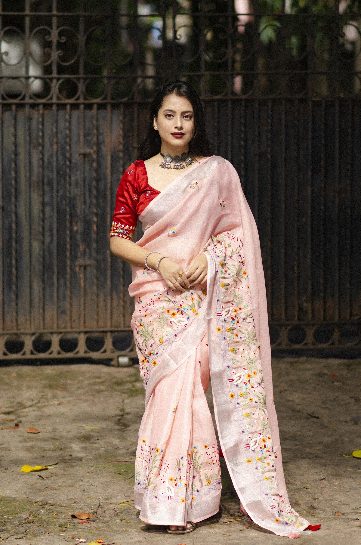 Pure Linen Silk Saree with Embroidery work - Pink