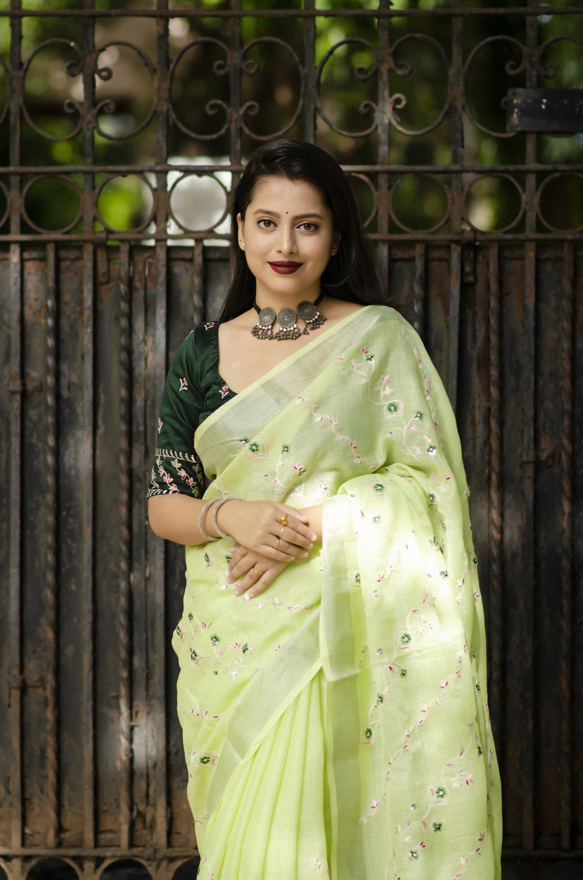 Pure Linen Silk Saree with Embroidery work - Green