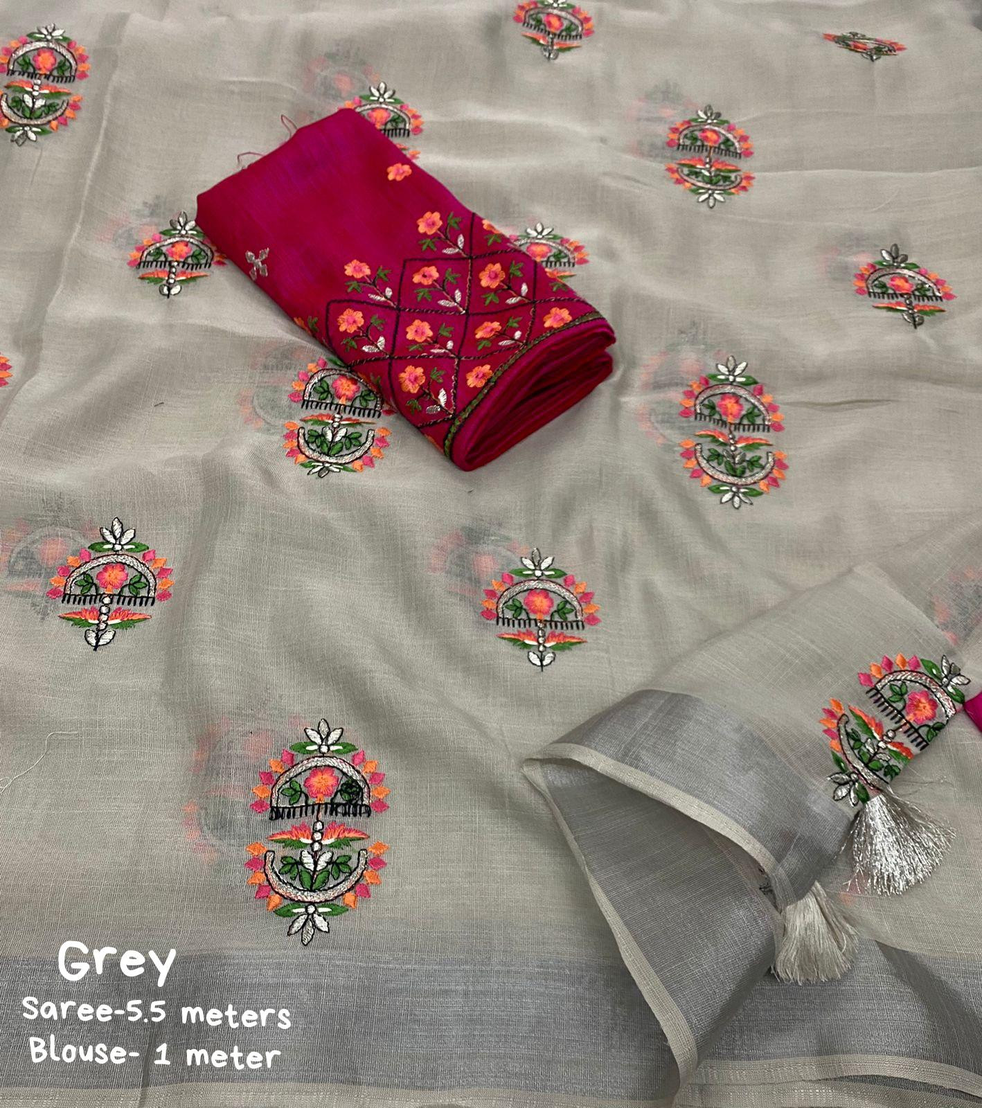 Pure Linen Silk Saree with Embroidery work - Grey