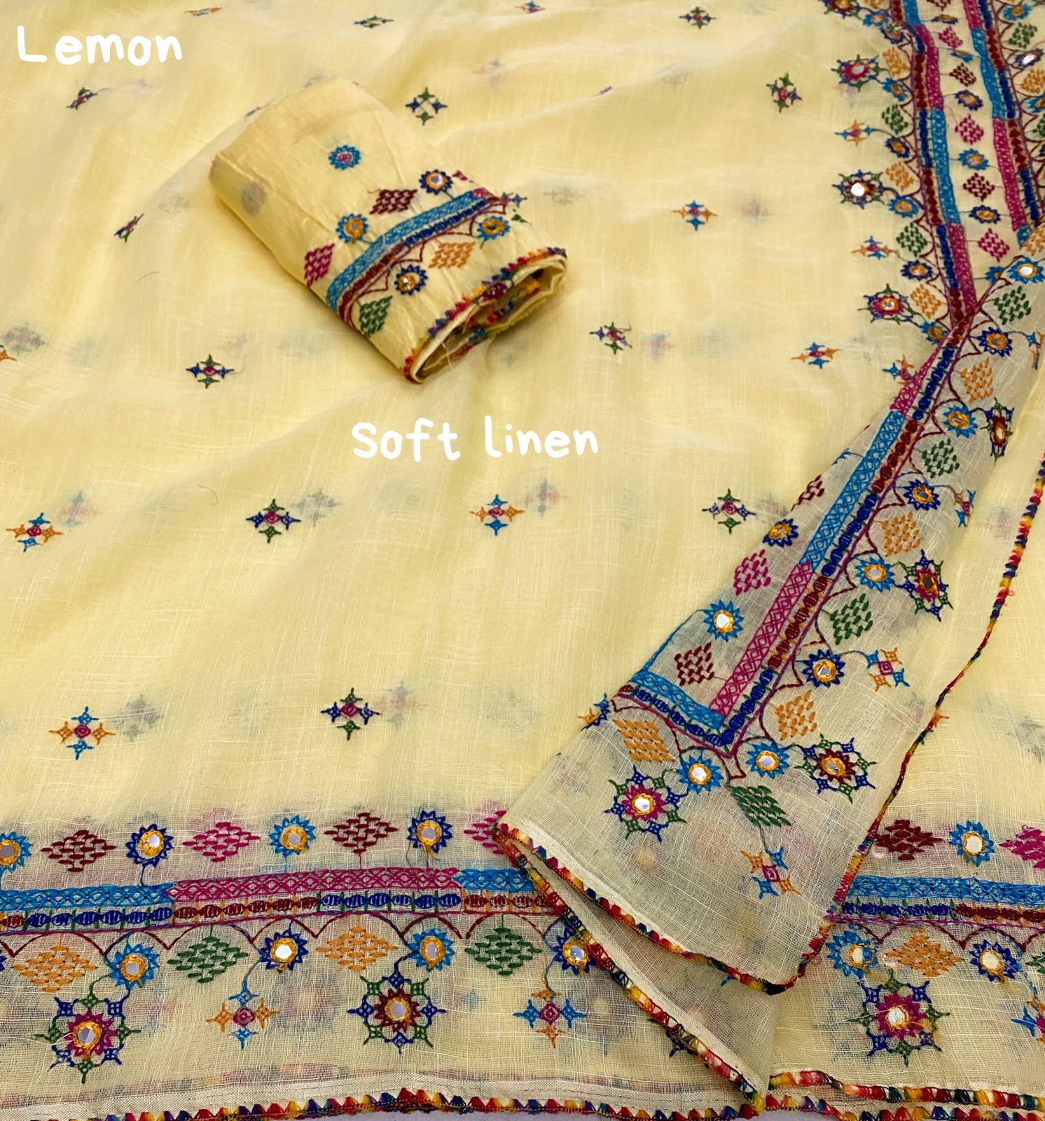 Pure Linen Designer Saree with Embroidery & Mirror work - Yellow