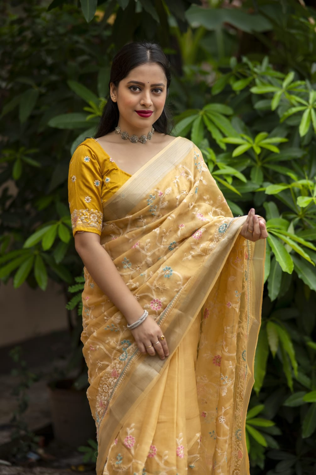 Pure Linen Designer Saree with Embroidery work & Rick Pallu -Yellow