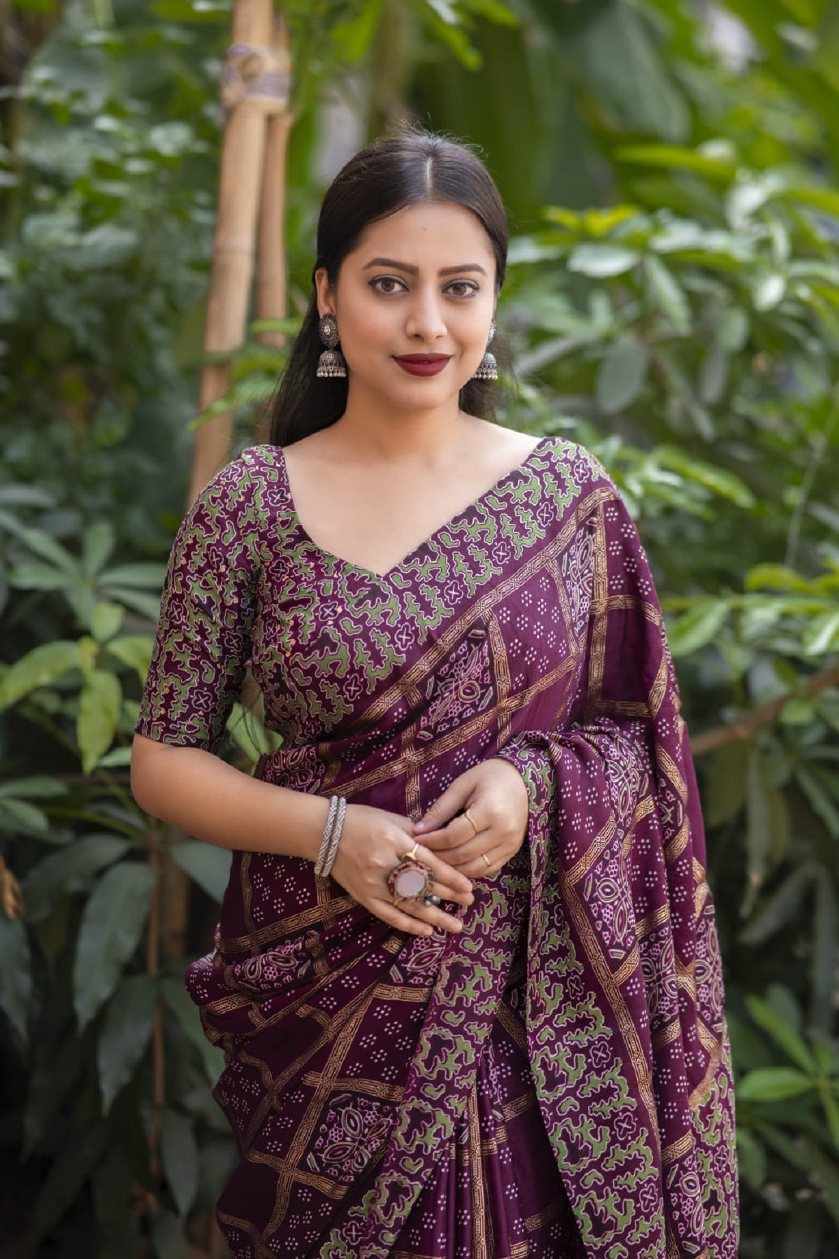Buy online Ajrakh Printed Silk saree - Purple-AF1236