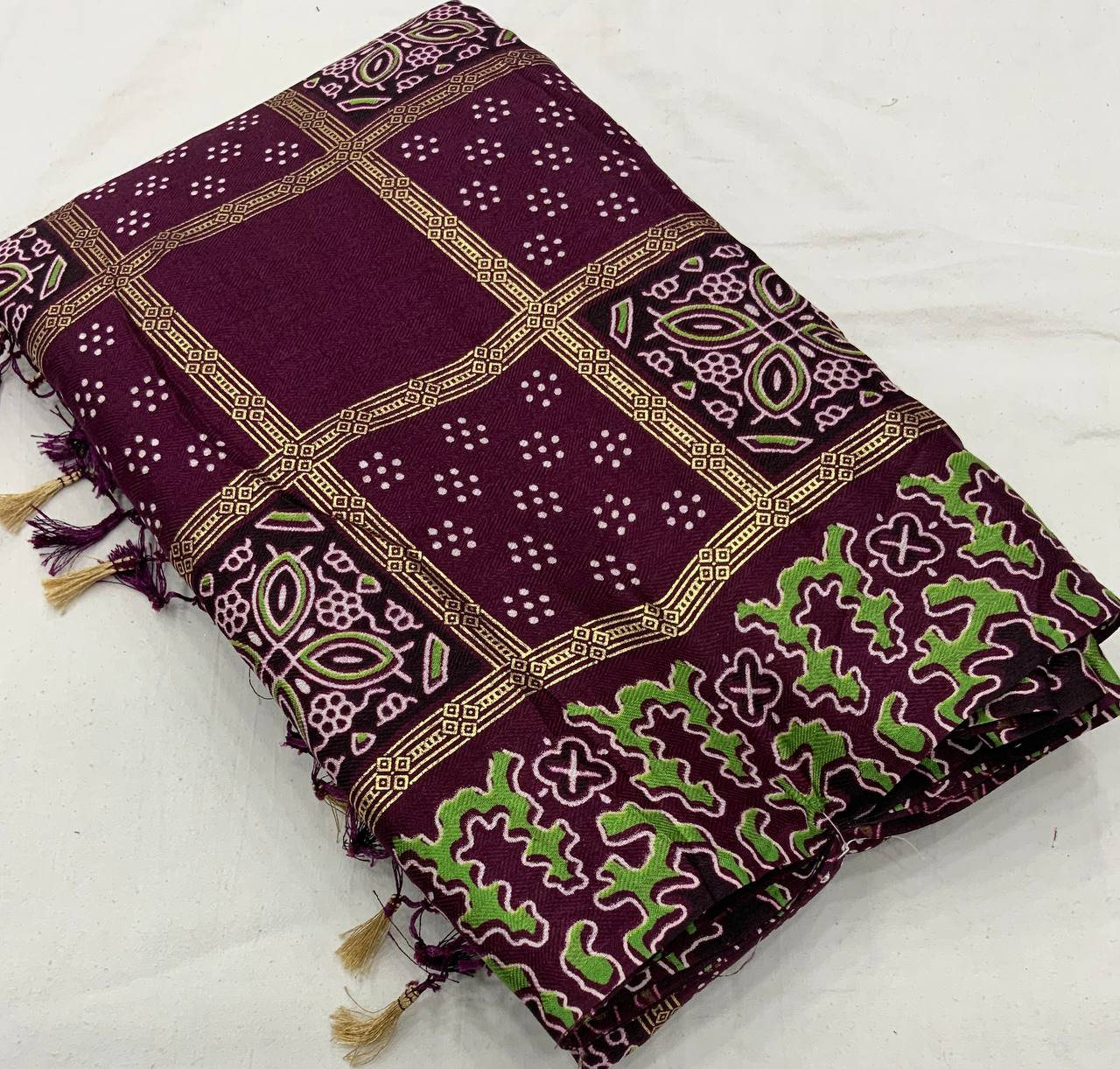 Ajrakh Printed Silk saree -  Purple
