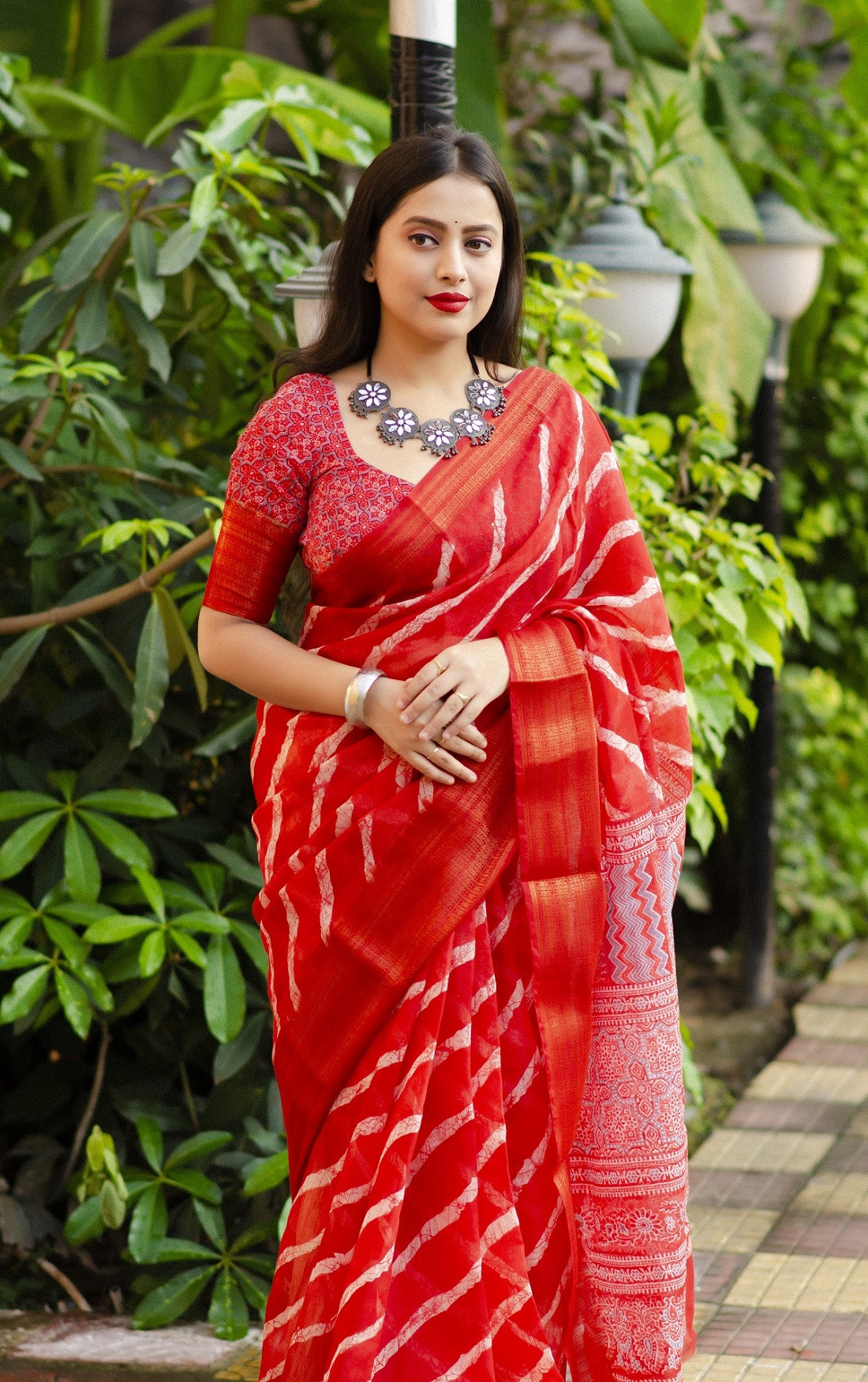 Cotton Lehriya Printed Saree - Red